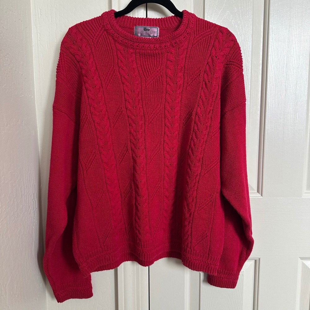 Vintage 90s Concrete Mix Raspberry Red Cable Knit Sweater - Ramie Cotton Blend L